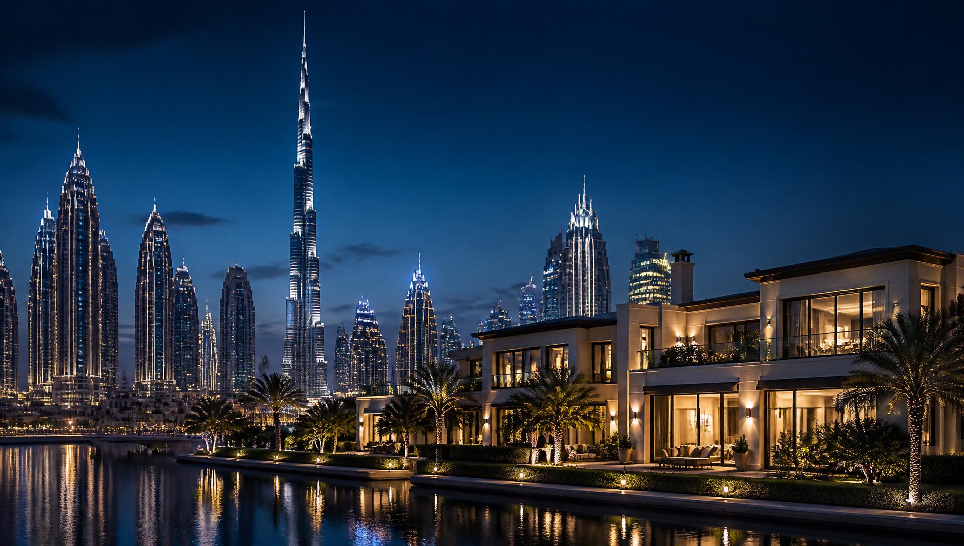 Luxury waterfront villas beside a modern city skyline at dusk